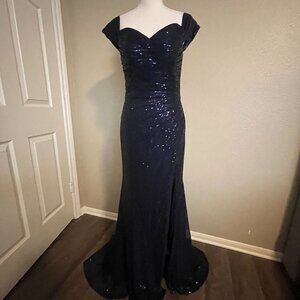 Navy Blue Off the Shoulder Long Sequins Gown